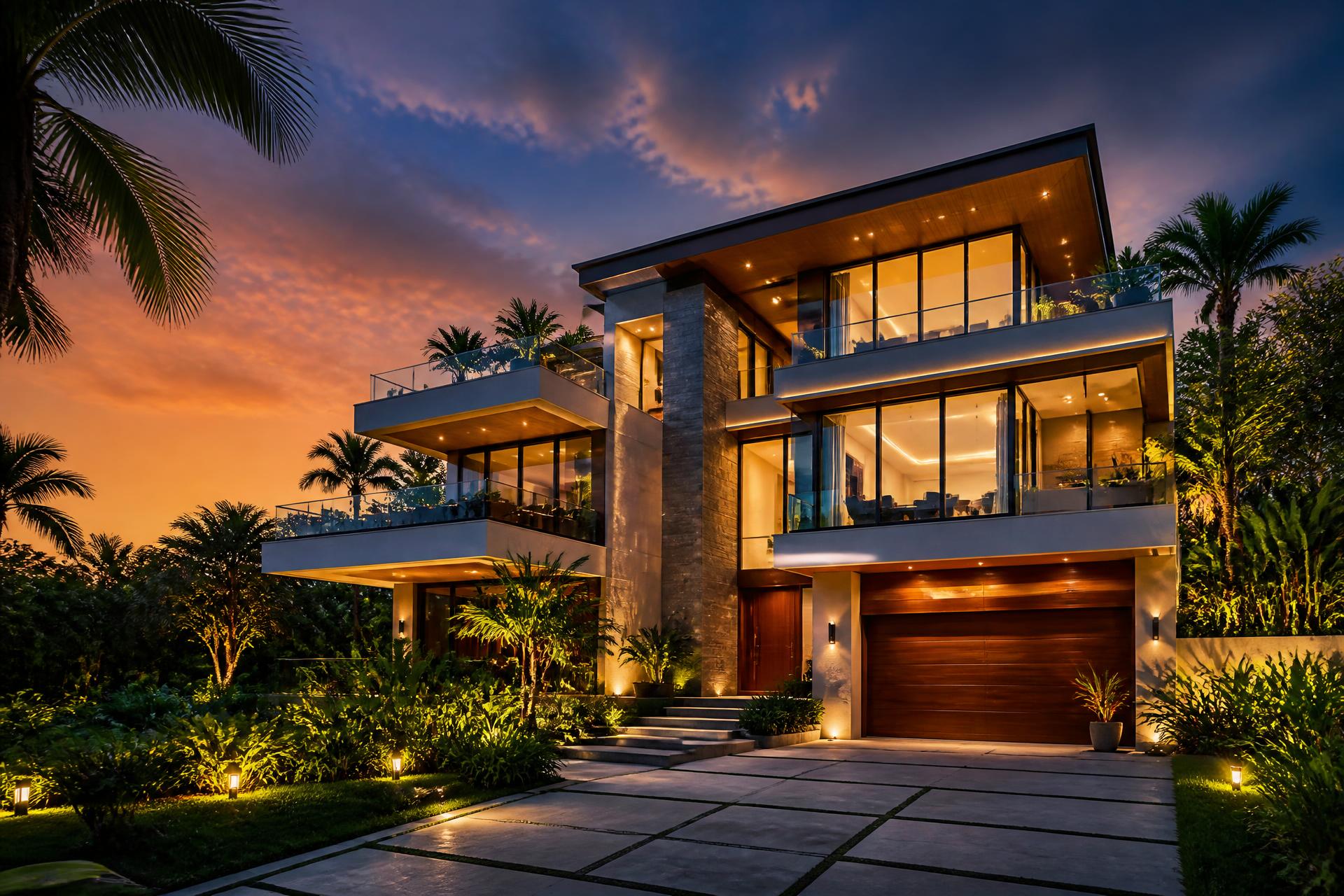 Modern luxury villa at dusk